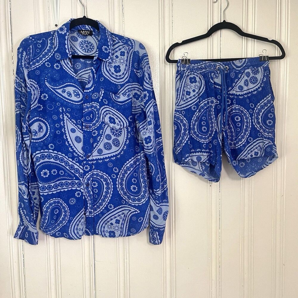 Boohoo Man Men Blue Paisley Pattern Long Sleeve Button Up Shirt & Shorts Size S